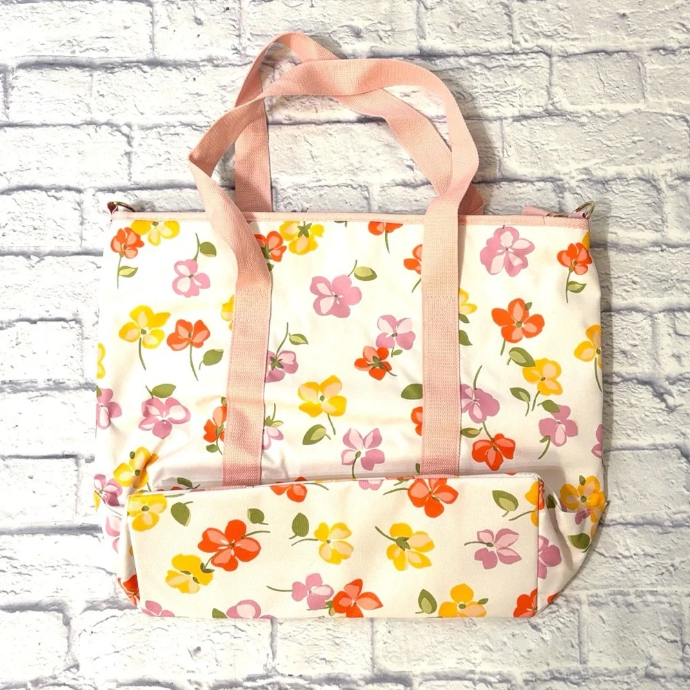 Kate Spade Cooler Tote Bag Spring Pansies Pink Pattern Zip Top 15.5 X 19.5 NWT